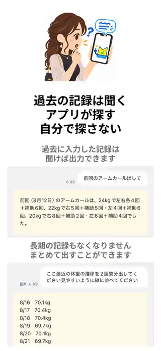 過去の記録は聞くとアプリが探します。自分で探さず、前回の筋トレの重量や回数を取り出したり、長期間の体重の推移をまとめて確認したりできます。